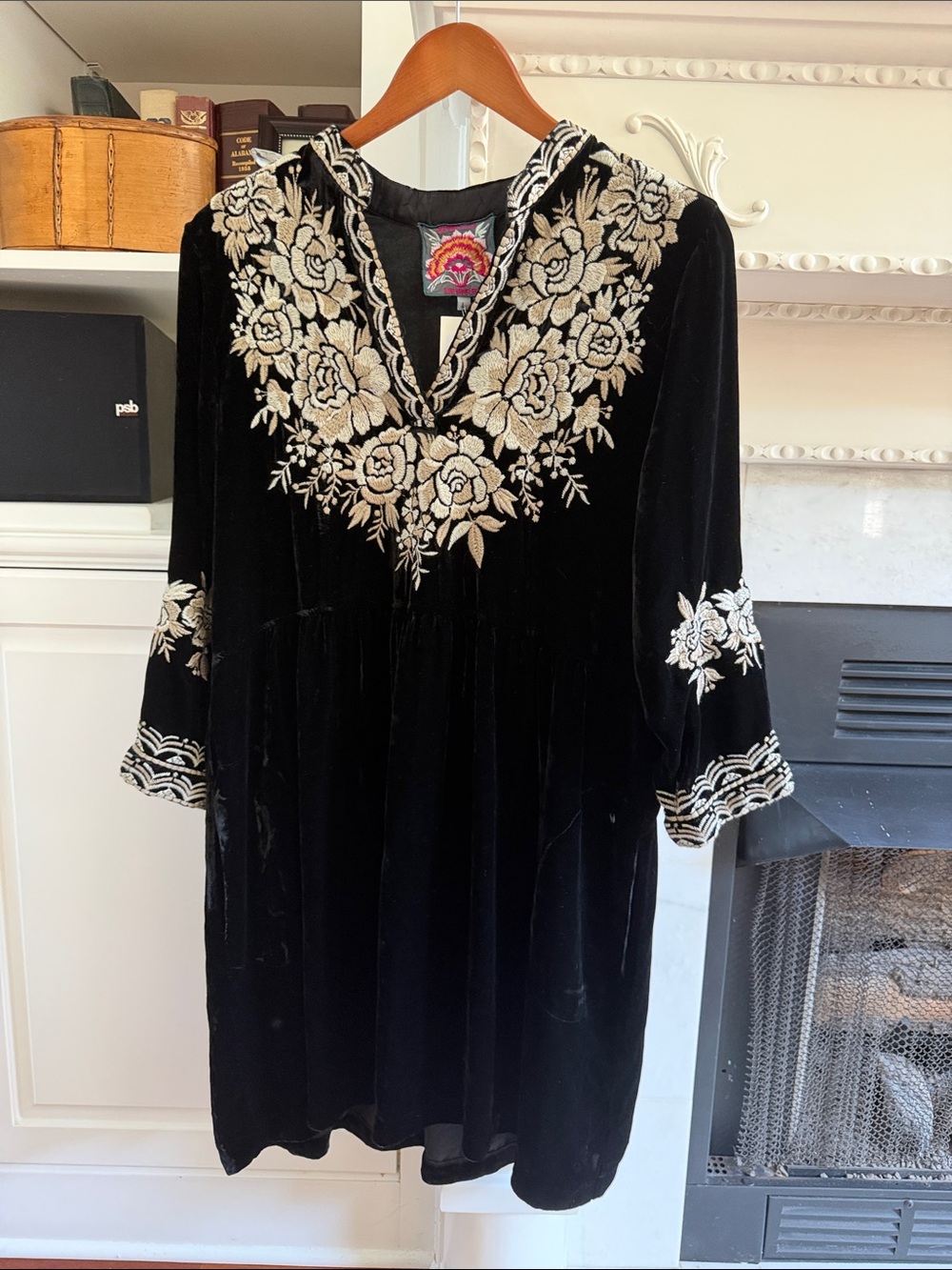 Johnny Was Olenna Velvet Henley Boho Dress Large Black Silk Blend NWT